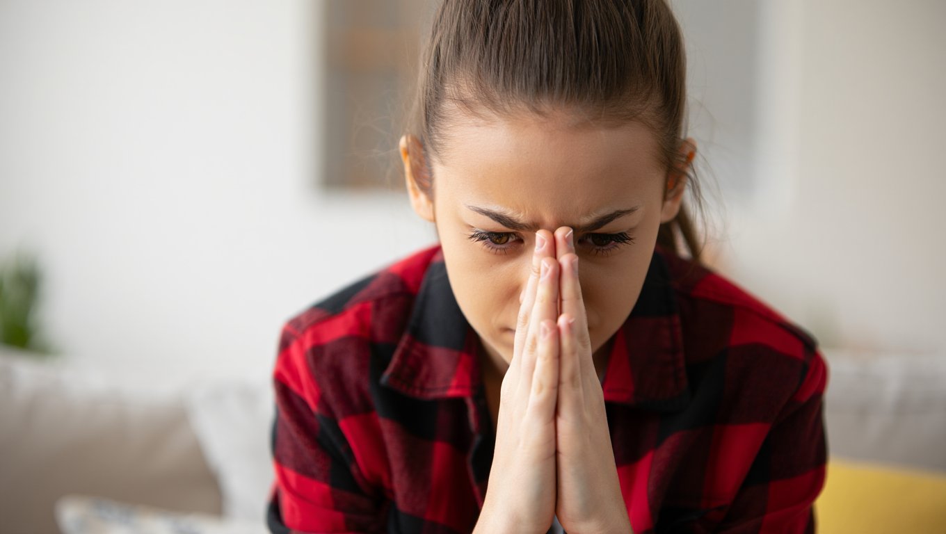 Девушка держит сложенные руки и волнуется